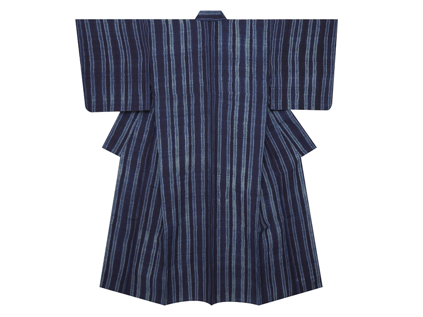 本藍絞り染め縞模様生紬単衣着物 むら田扱(U78330Dq) 着物紹介