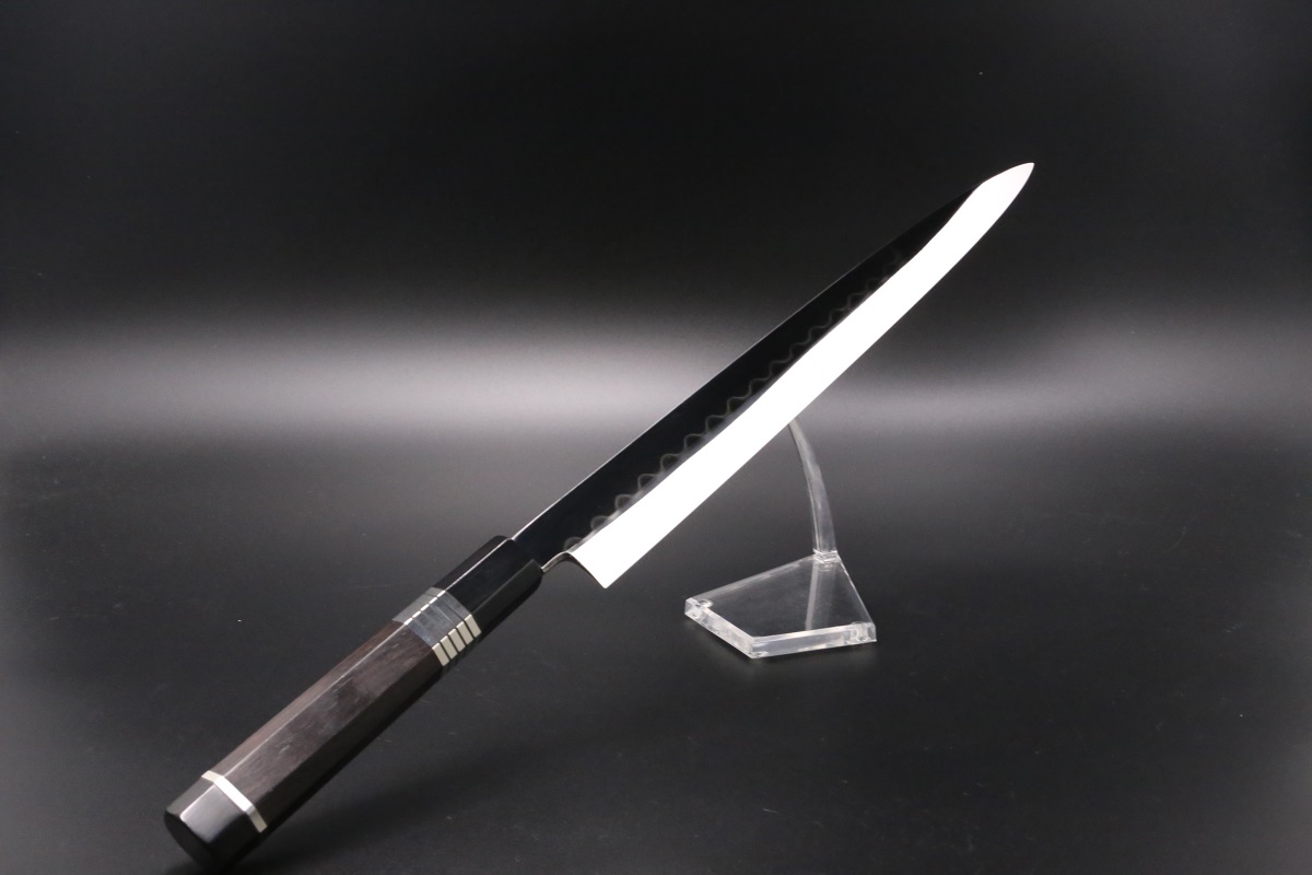 柳刃 白ニ鋼 330mm 水本焼 鏡面 波浮かし刃文 池田美和作（堺北辰