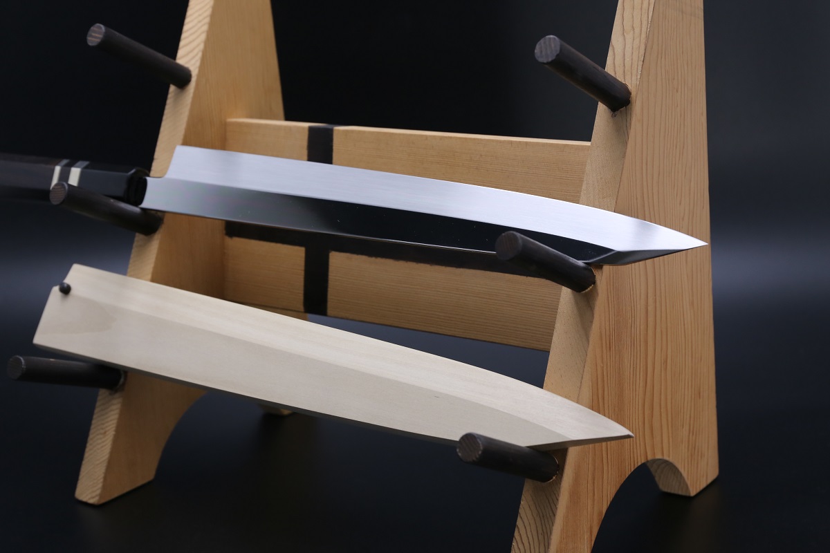 切付柳刃 銀三本焼 300mm 平鏡面 黒檀柄 鞘付き【左利き用】-歌舞伎ナイフ