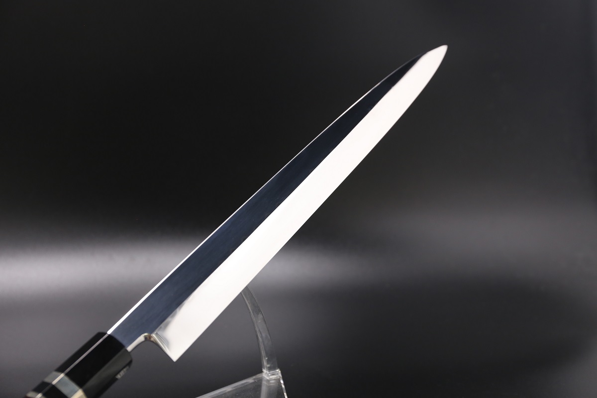 柳刃 白鋼 330mm 油本焼 表鏡面 波浮かし 黒檀柄 鞘付き 白木健一作