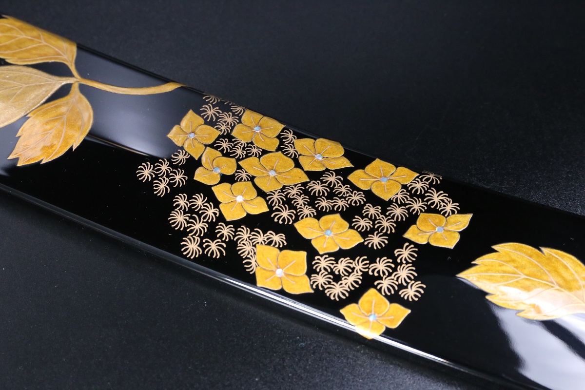 参考商品】鞘 黒漆＋紫陽花の蒔絵-歌舞伎ナイフ