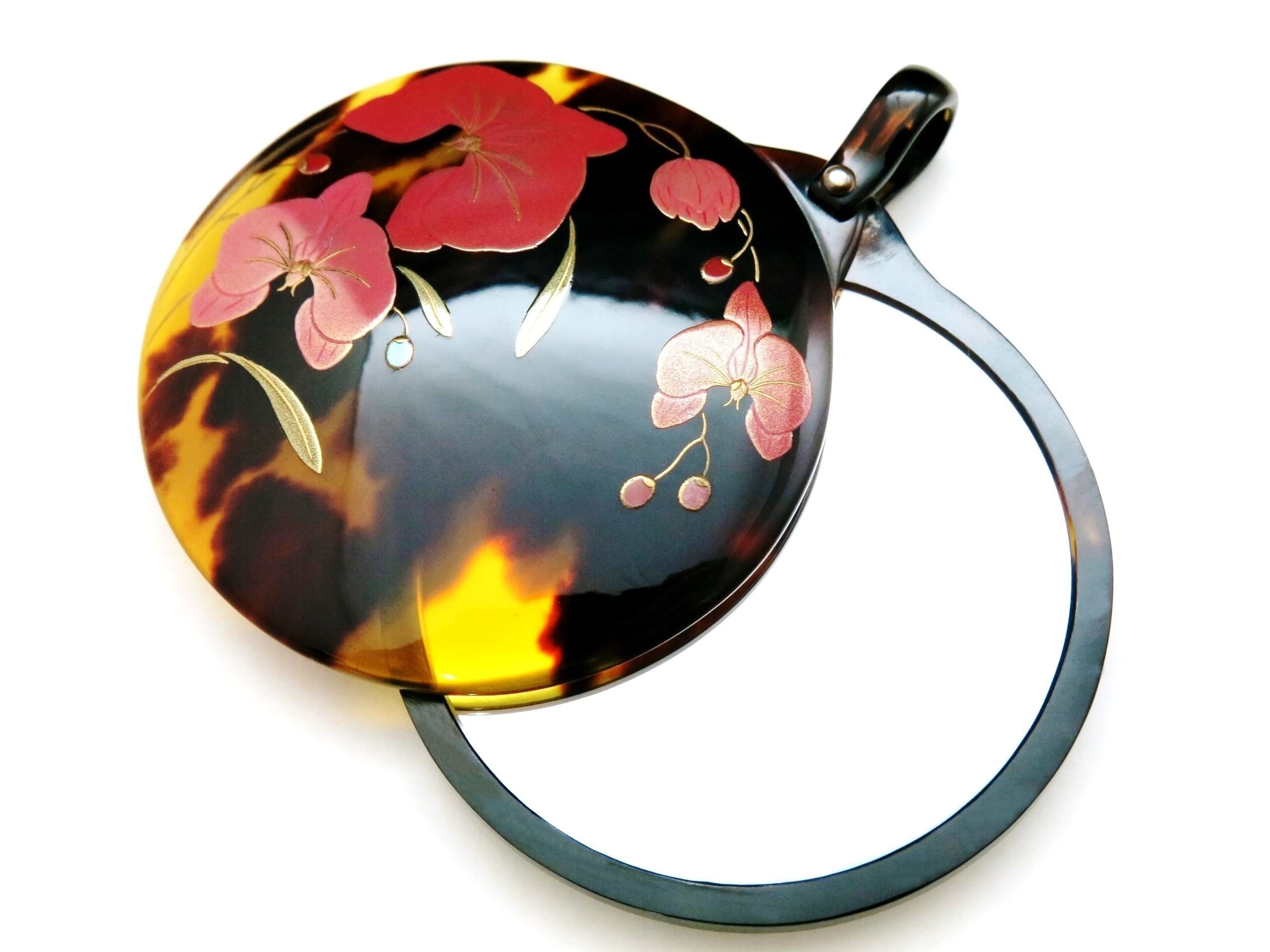 べっ甲製手鏡｜金蒔絵で描かれた胡蝶蘭、ペンダントヘッド兼用