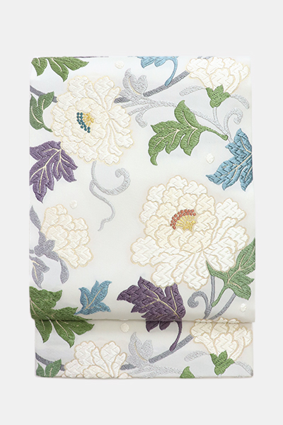 銀座【帯4397】西陣 織文意匠鈴木製 袋帯 大牡丹唐草文（西陣証紙 紙箱