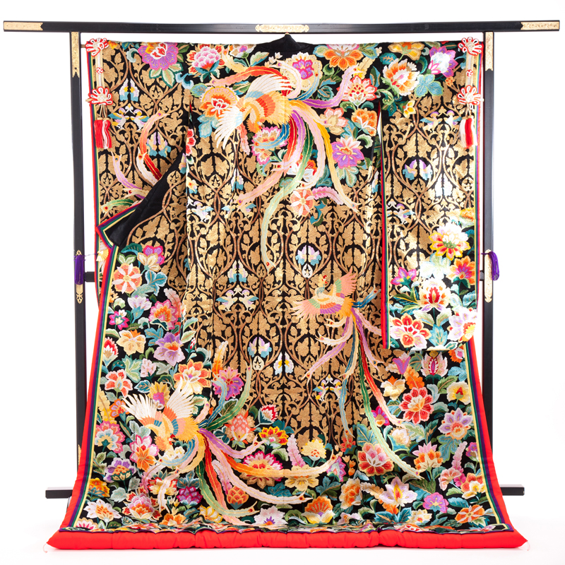 花嫁 正絹 色打掛レンタル 010012 黒 絽刺 相良刺繍 鳳凰 重ね