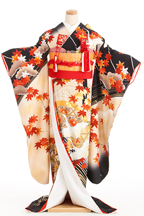 花嫁 正絹 引き振袖・黒引きレンタル 050005 黒 紅葉 鶴