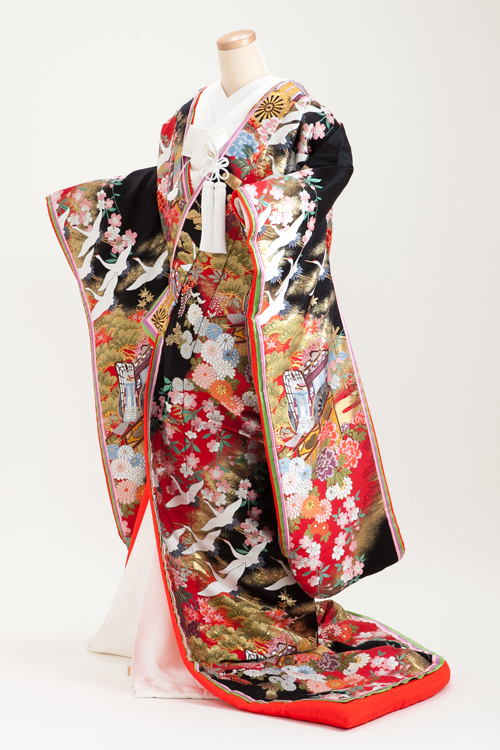 花嫁 正絹 色打掛レンタル 010048 黒 赤ぼかし 鶴 御所車 重ね