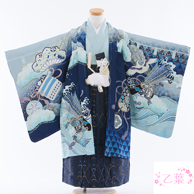 七五三 着物 レンタル 五歳 5歳 紋付・袴 310103 乙葉・水色源氏車に波