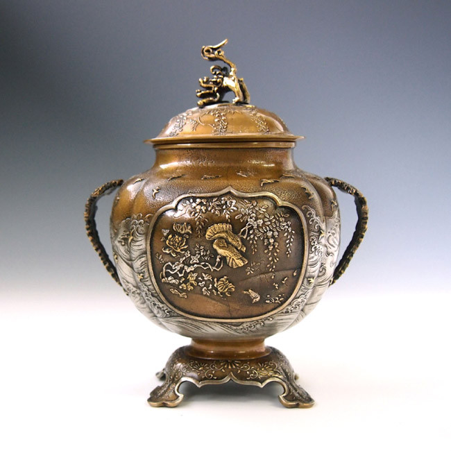 dk5,藤耳波千鳥獅子蓋香炉 正晴堂作 【 高岡銅器 】