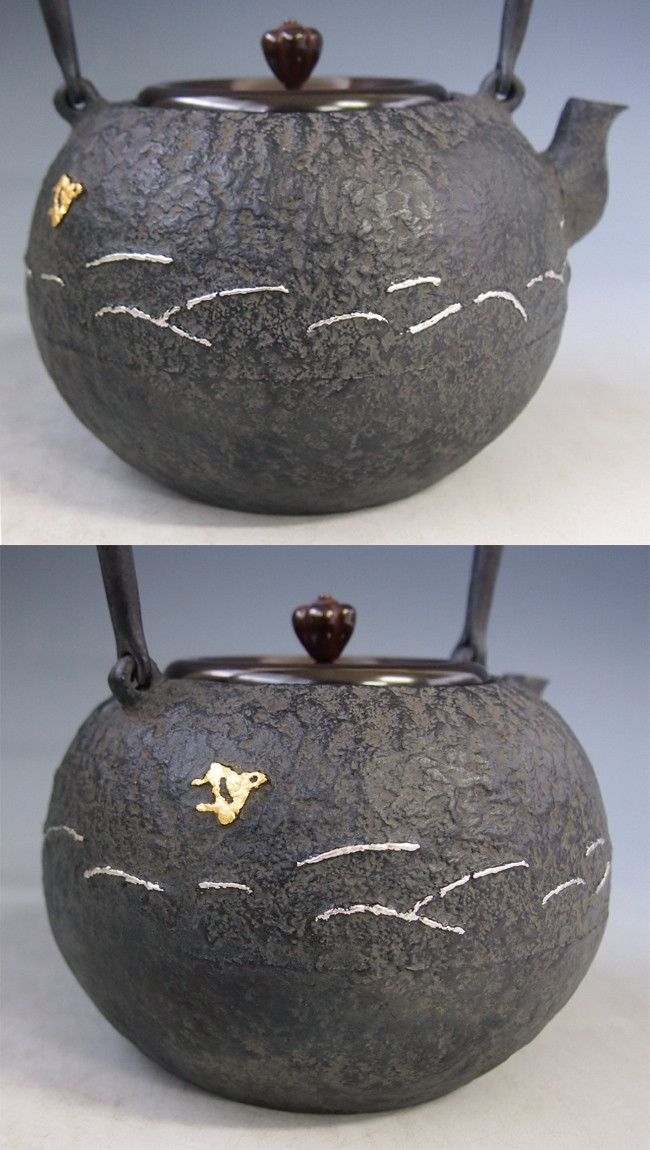 tb179 光玉堂写 平丸波千鳥鉄瓶 本体に白金・金貼り 鉄壺 約1.2L【日本
