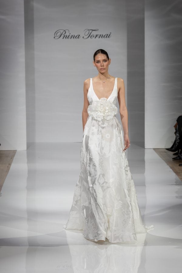 Chic V-Neck Floral Jacquard A-Line Gown | Kleinfeld Bridal