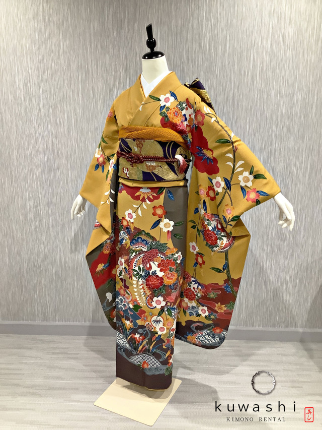 正絹振袖レンタル】 80009 からし色紅型正絹振袖袋帯セット