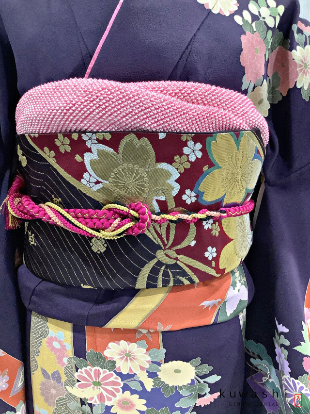 正絹振袖レンタル】 80013 深紫熨斗目彩花正絹振袖袋帯セット