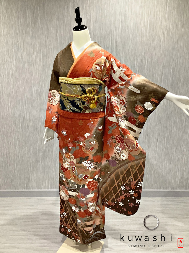 正絹振袖レンタル】 80022 テラコッタオレンジ芍薬蝶正絹振袖袋帯