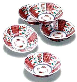 九谷焼・高級小鉢》 九谷焼小鉢揃 赤絵小紋（食器・木箱入／送料サービス）