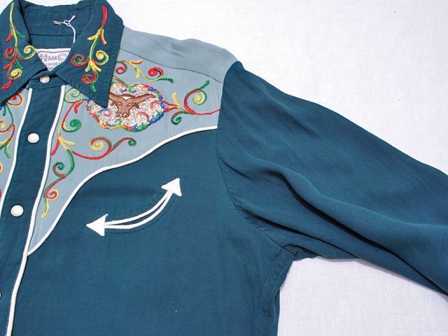 1950s【HbarC】ツートン刺繍レーヨンギャバウエスタンシャツ - 古着屋
