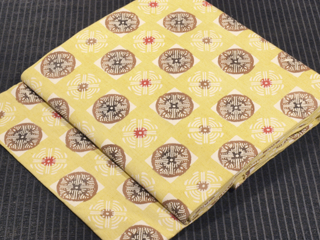 帯のアトリエ花邑 hanamura 銀座 「丸に幾何学文様 型染め 紬 名古屋帯」