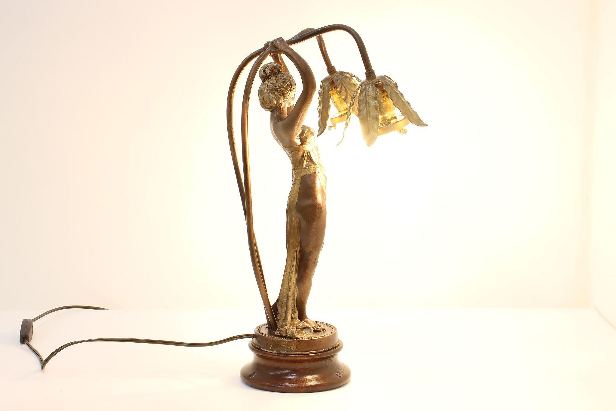 Art Nouveau Antique Brass Newel Post Lamp, Woman Figure
