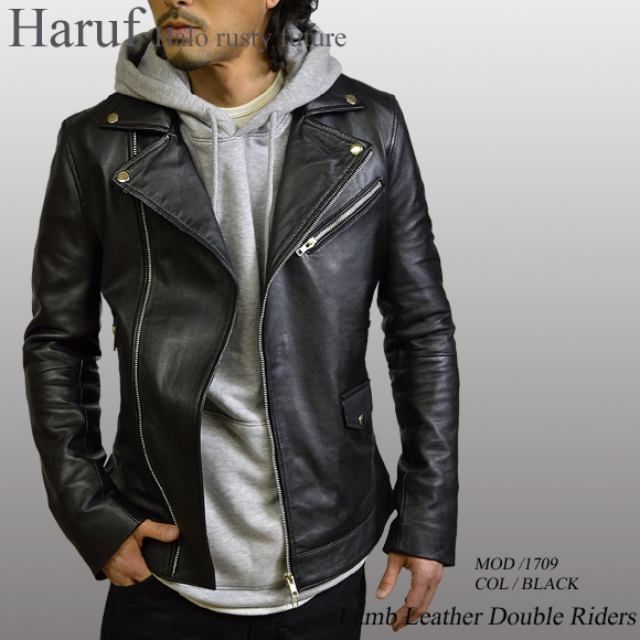 ダブルライダースジャケット メンズ 本革 ラムレザー ブラック 黒 1709