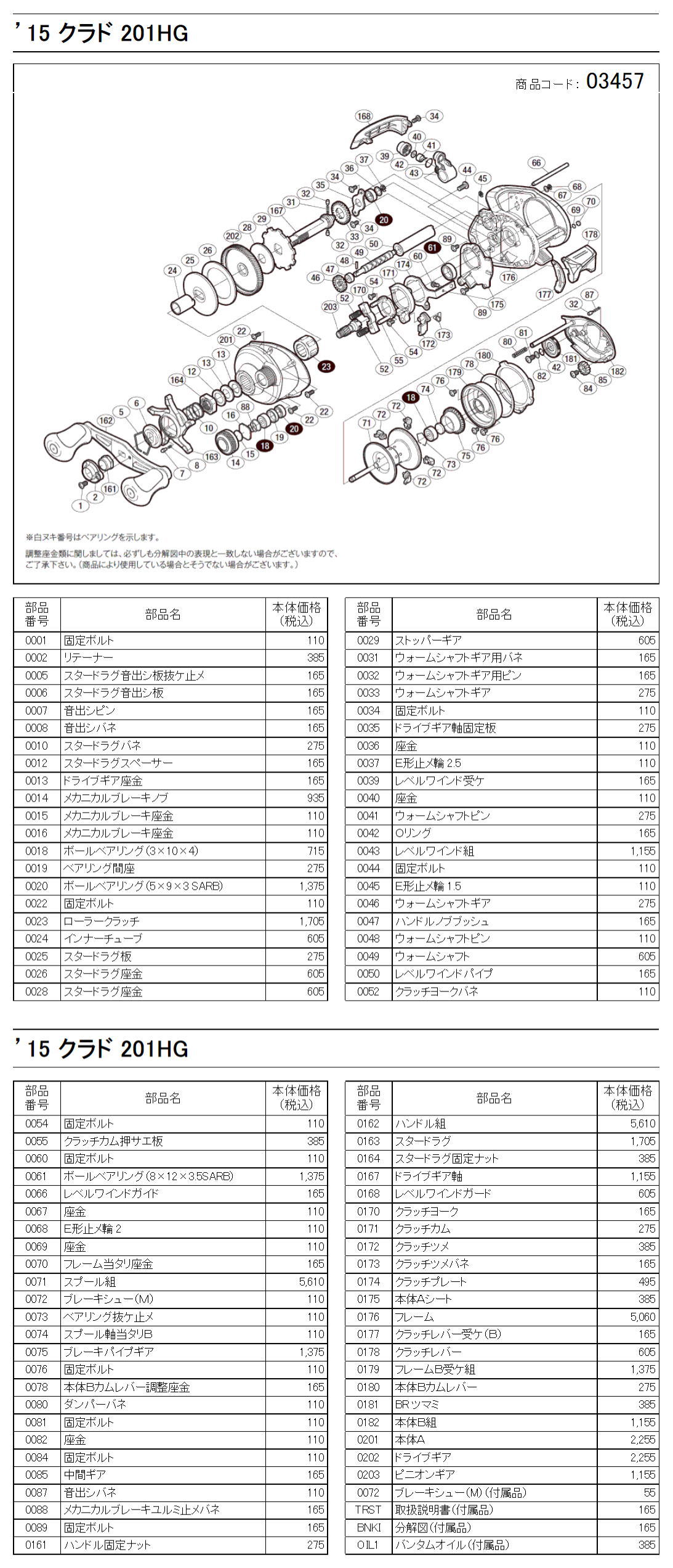 シマノ純正お取り寄せパーツ：納期1ヶ月】15クラド201HG 商品コード