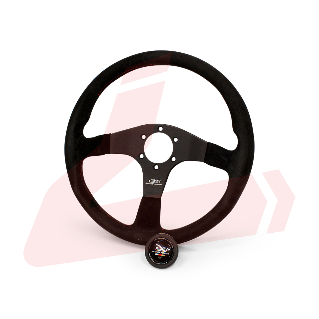 Mugen Racing III Steering Wheel, 350mm Diameter, Suede w/ Red Stitch