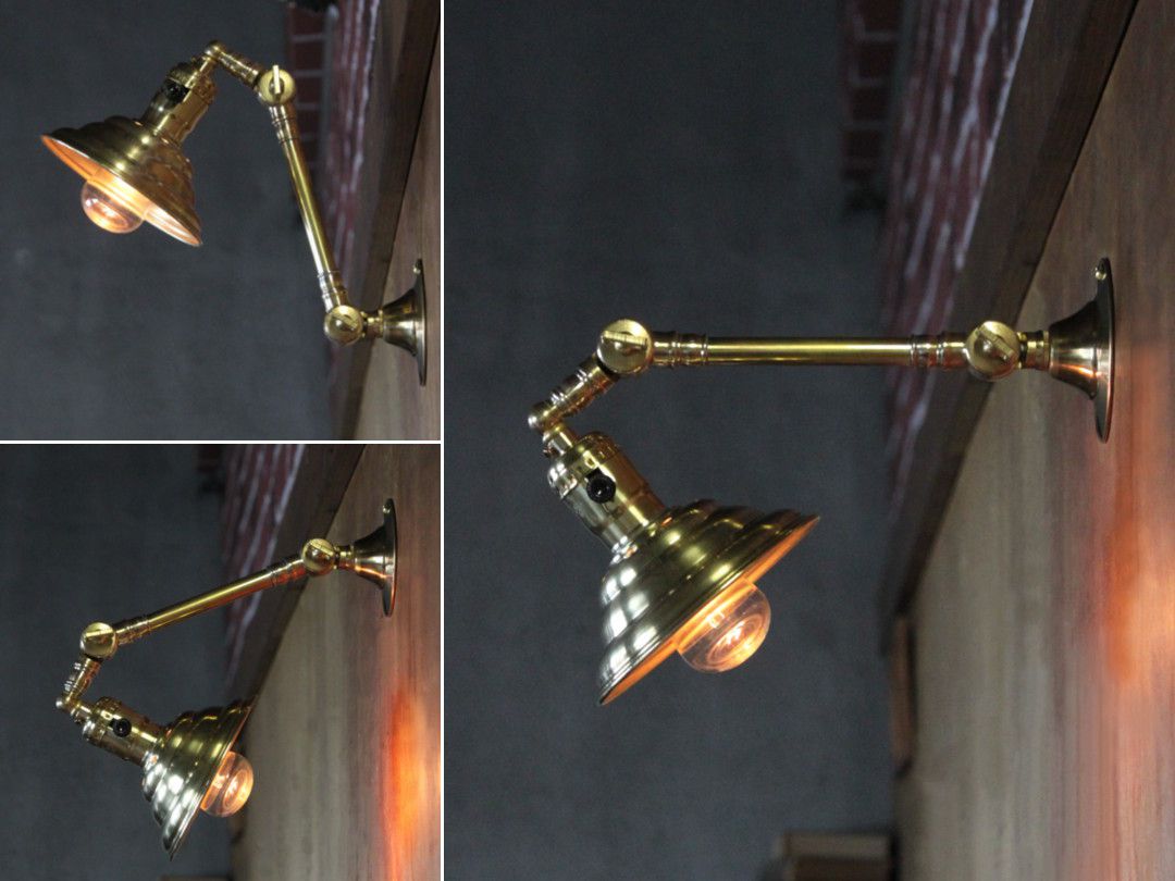 工業系可動式アーム&小型シェード付き真鍮製壁掛け照明ブラケット