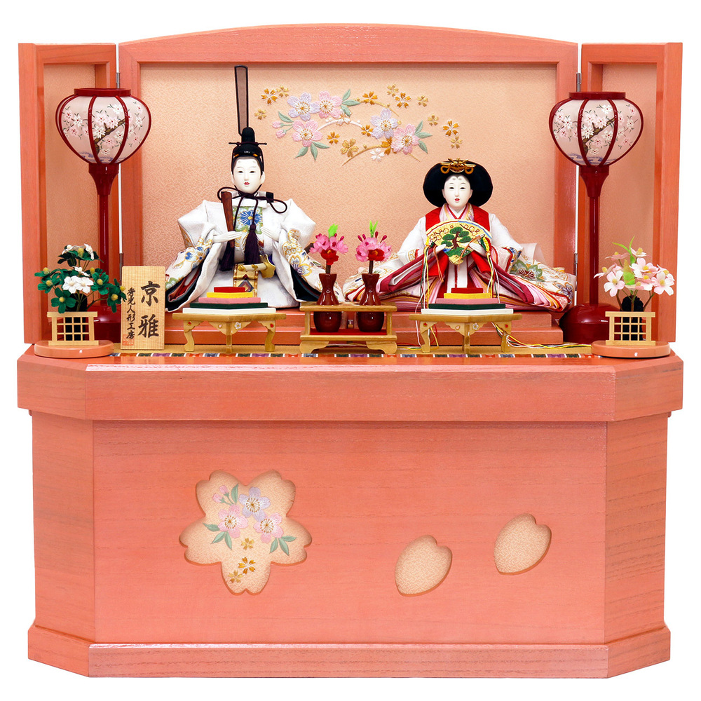 雛人形 収納飾りセット【P84218】 かわいい桜くり抜きピンク六角収納に