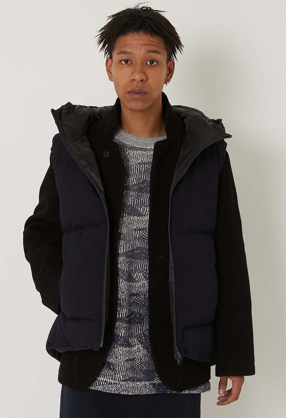 インディゴナイロンサテン リサイクルダウン フードベスト | BLUE BLUE