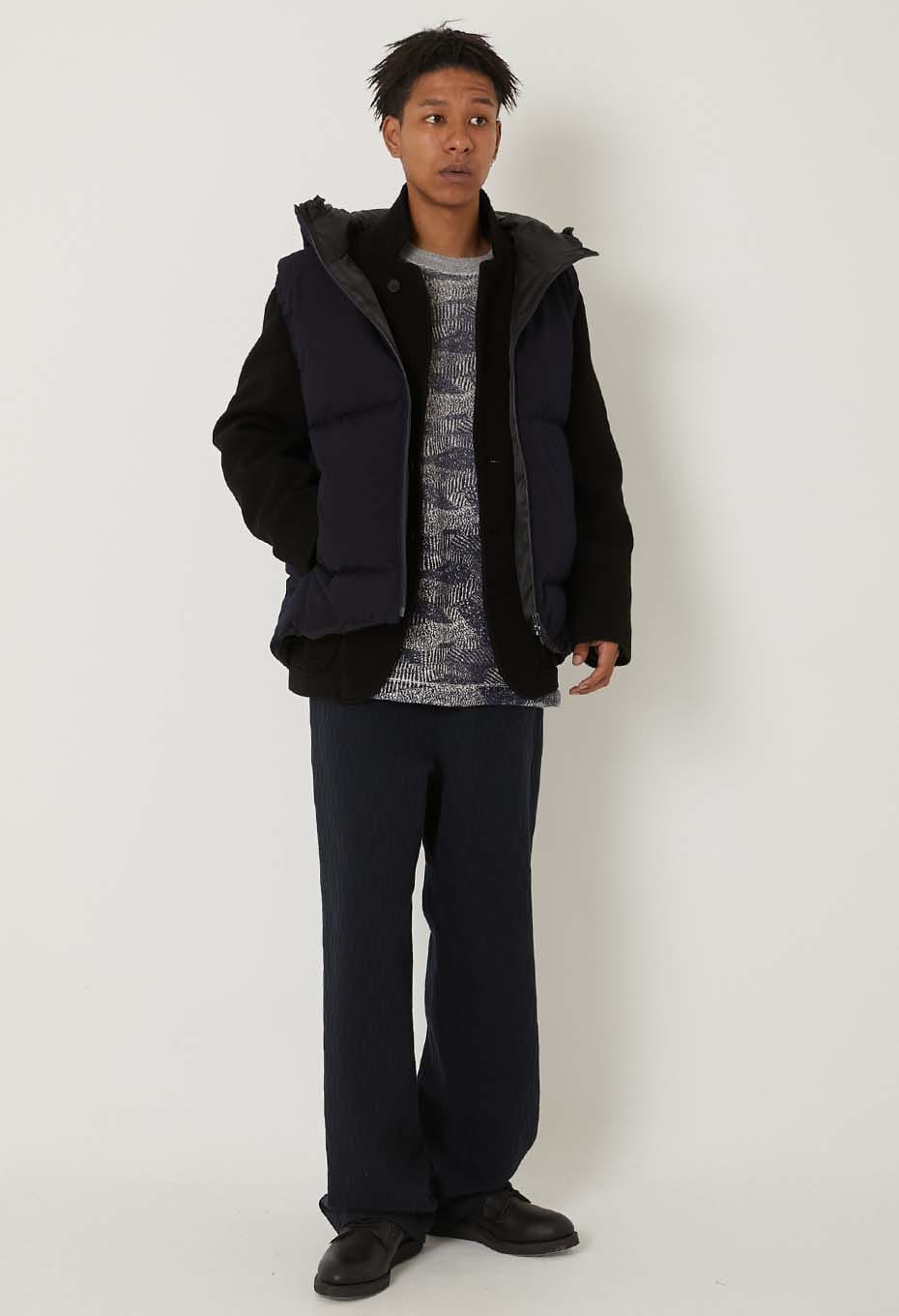 インディゴナイロンサテン リサイクルダウン フードベスト | BLUE BLUE