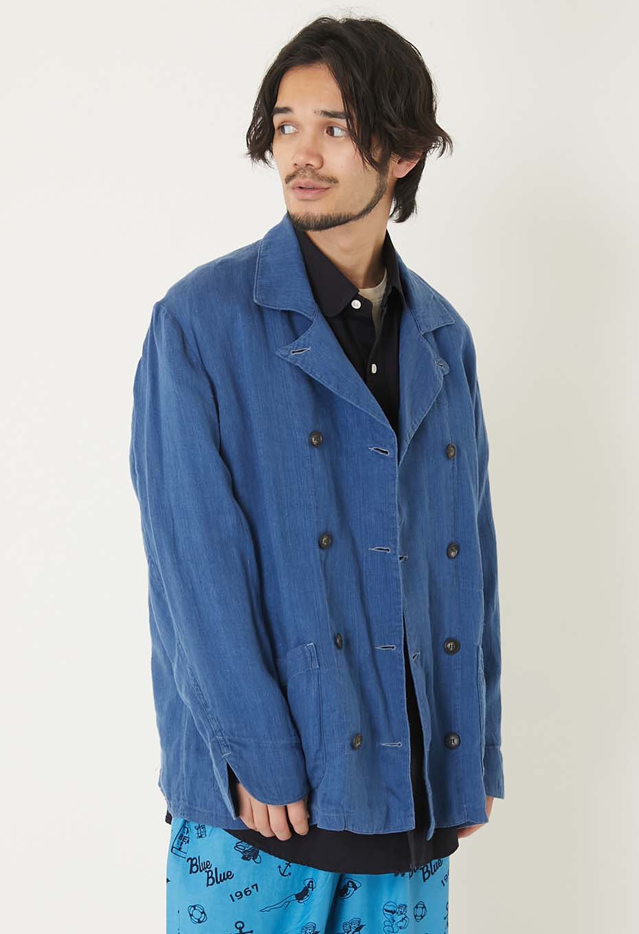 Indigo Linen High Count Twill double breasted Work Jacket | BLUE