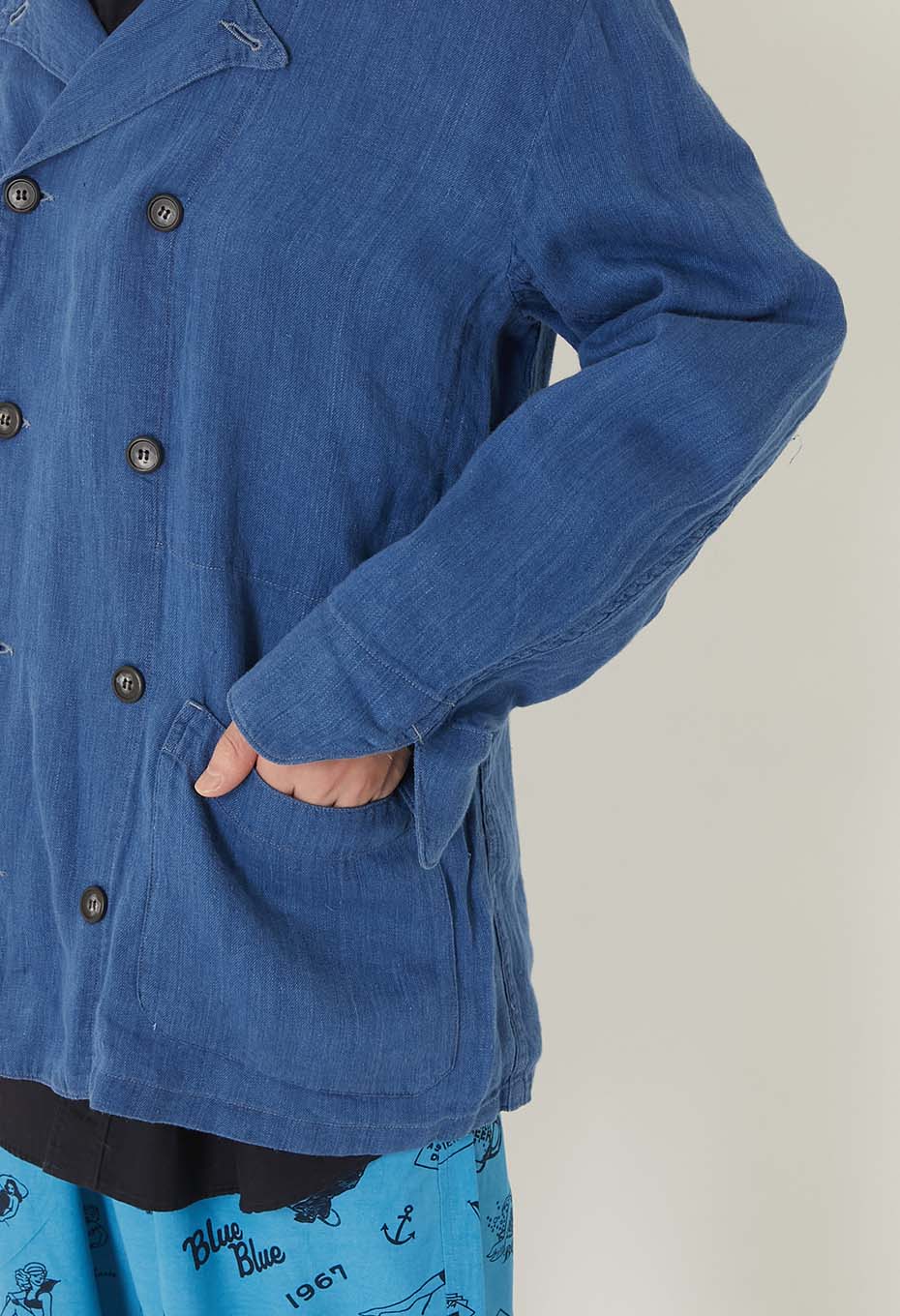 Indigo Linen High Count Twill double breasted Work Jacket | BLUE
