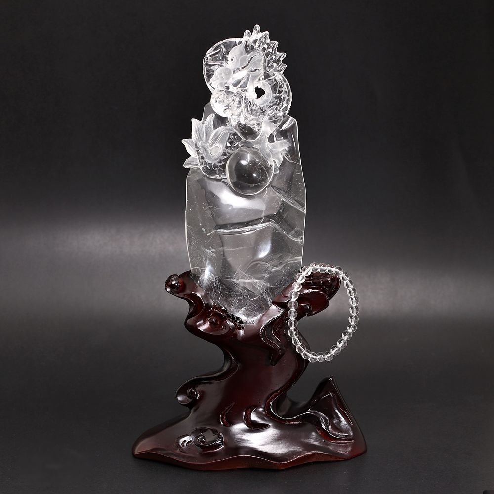 天然水晶(辰)龍彫刻（全高265mm・専用木製台座・専用ケース付属