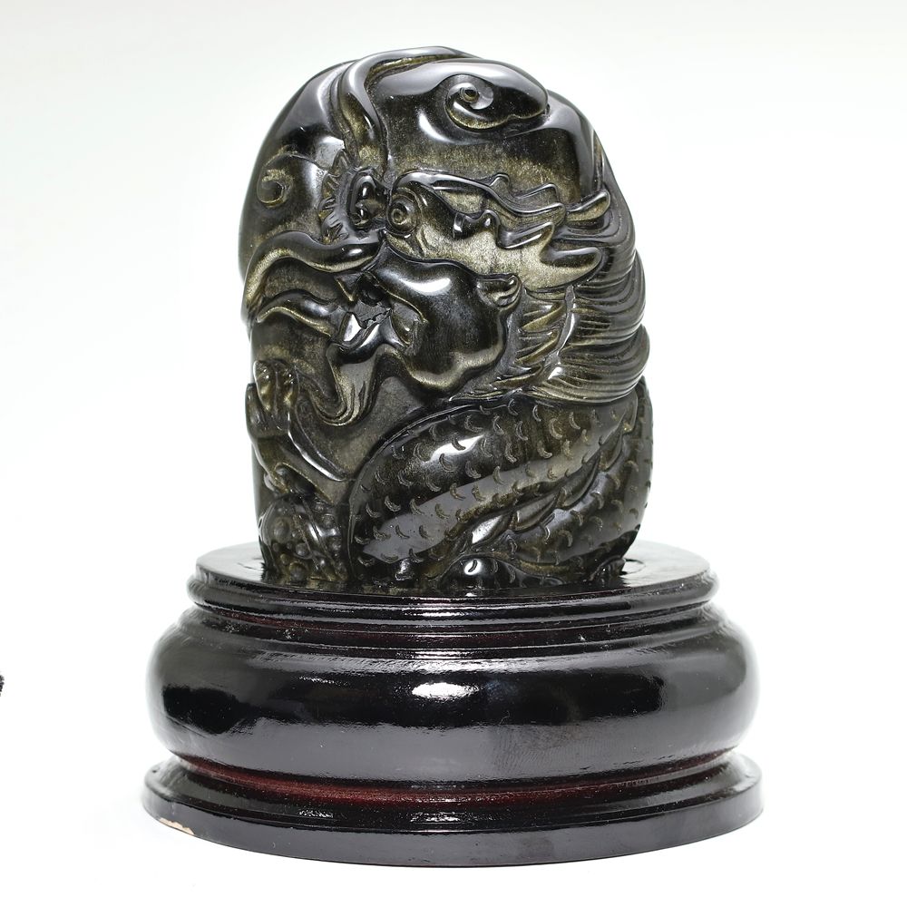 高品質]メキシコ産ゴールデンオブシディアン黒曜石/(辰)龍彫刻（全高約