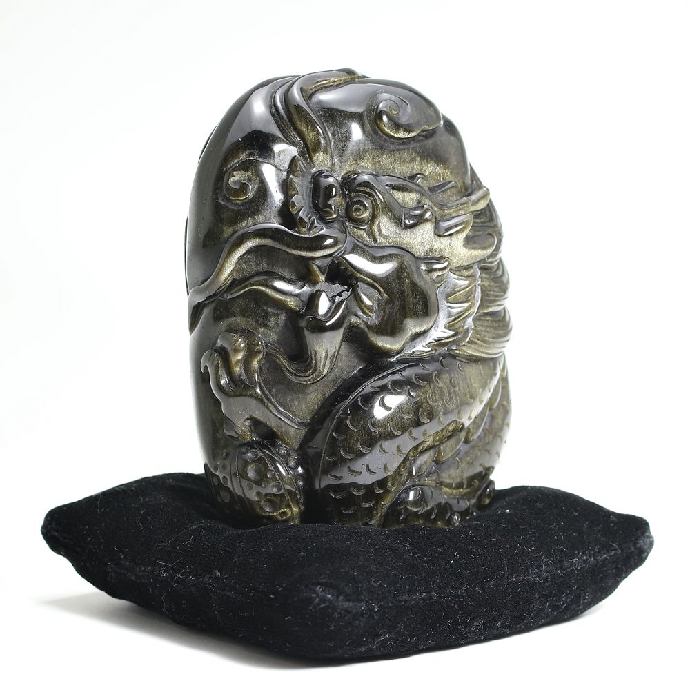 高品質]メキシコ産ゴールデンオブシディアン黒曜石/(辰)龍彫刻（全高約