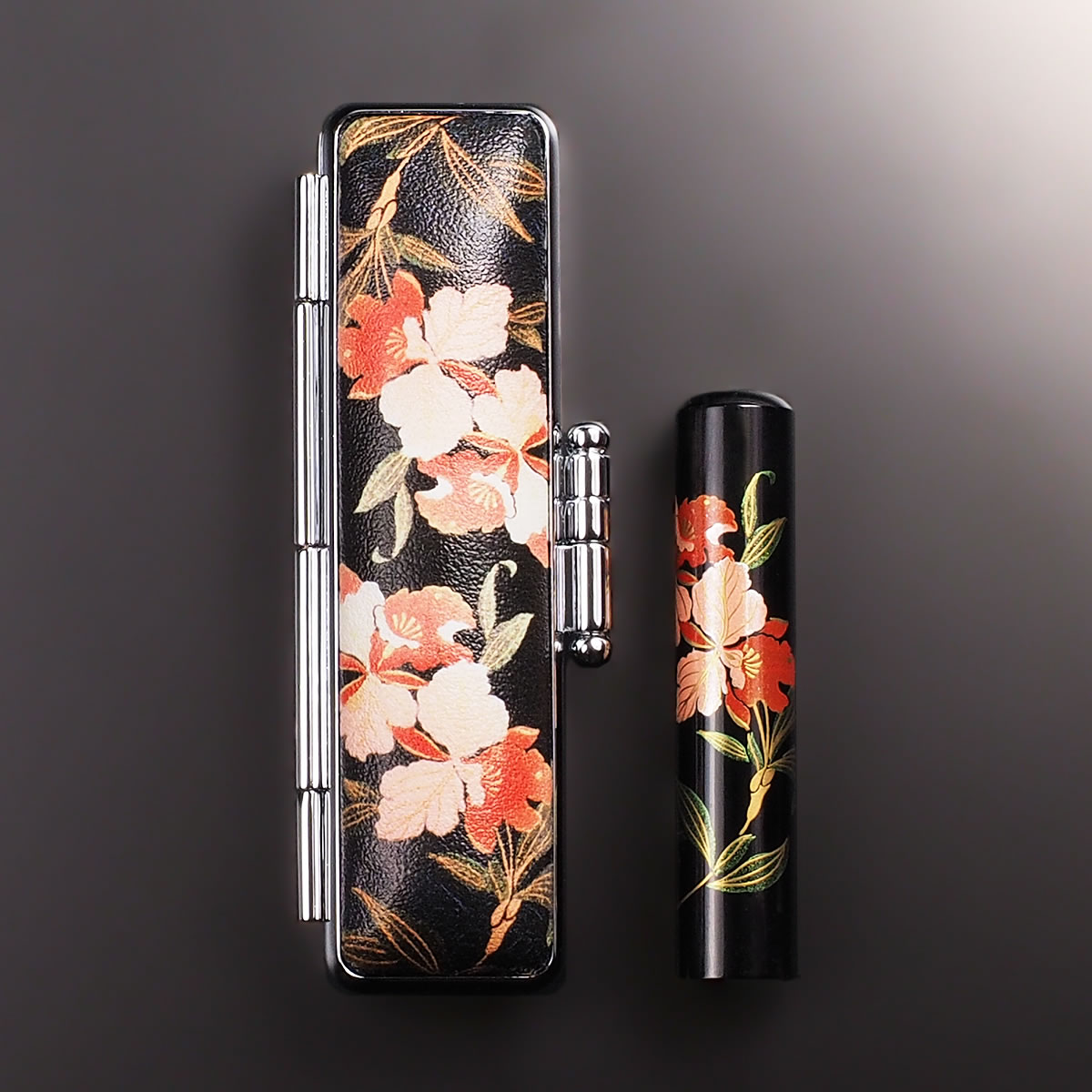 黒水牛現代蒔絵の黒水牛蒔絵個人印鑑セット/花/カトレア/黒水牛蒔絵