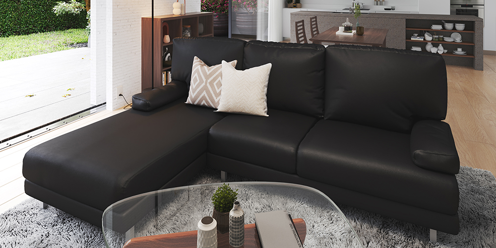 カウチソファ 向って右カウチ「ベローナ2」ソフトレザーブラック色