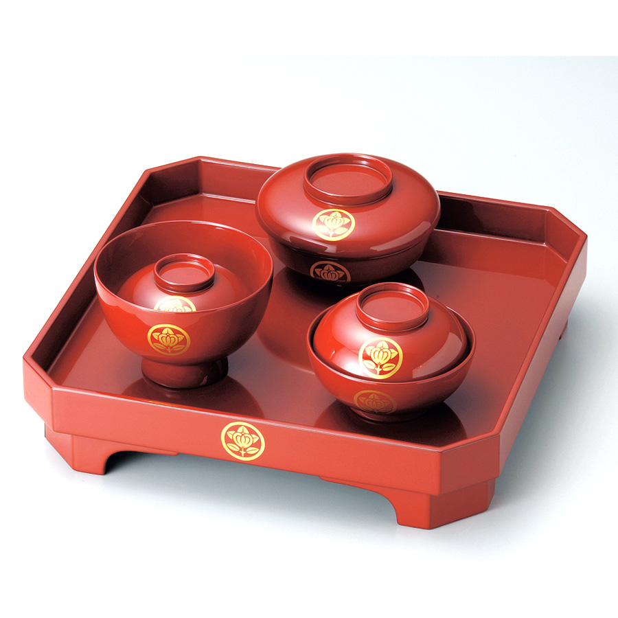 祝膳 総朱/黒内朱 家紋入り 漆塗り・木製 12-15404/15406 漆器の井助