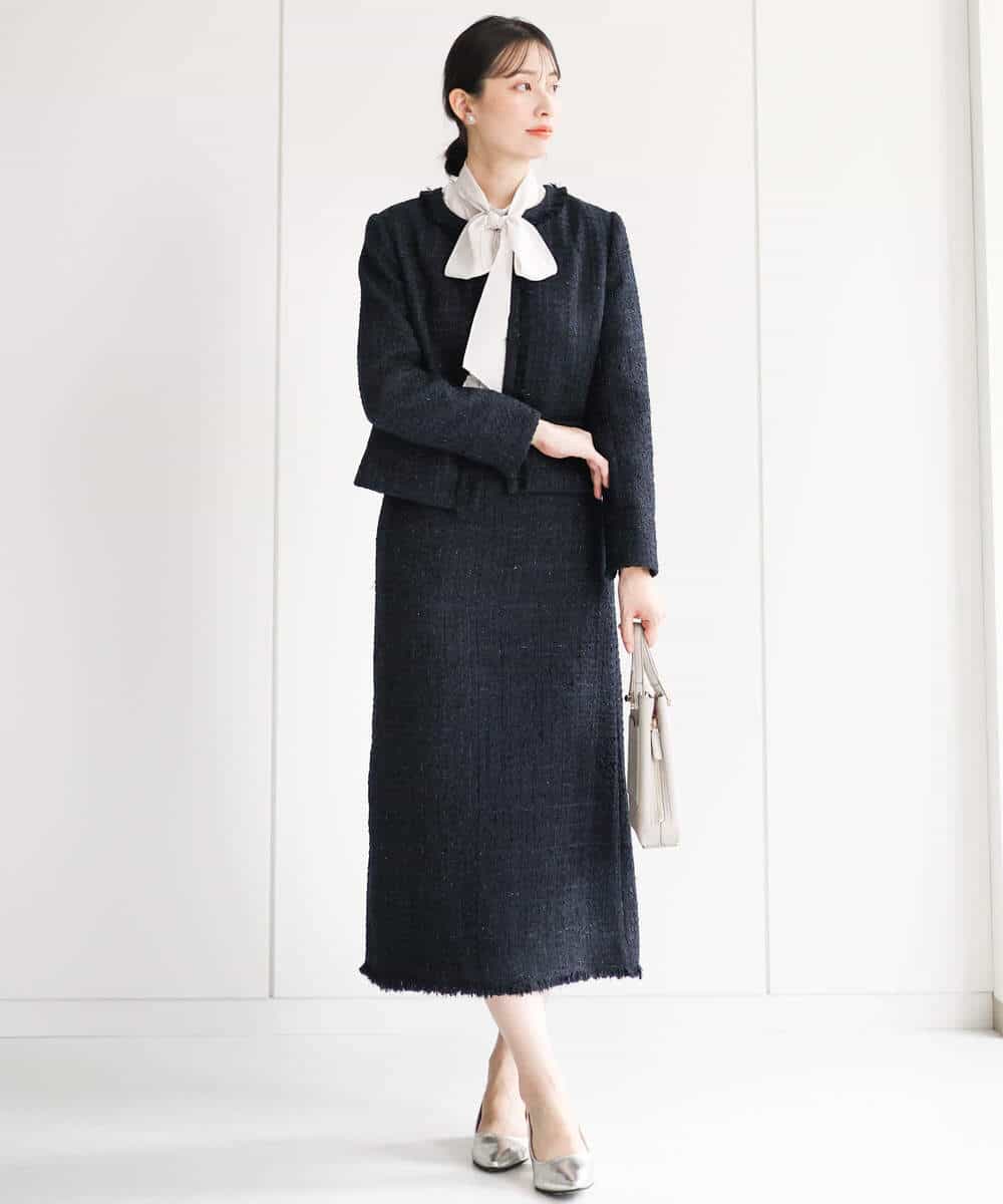 ノーカラーファンシーツイードジャケット/セットアップ対応/洗える