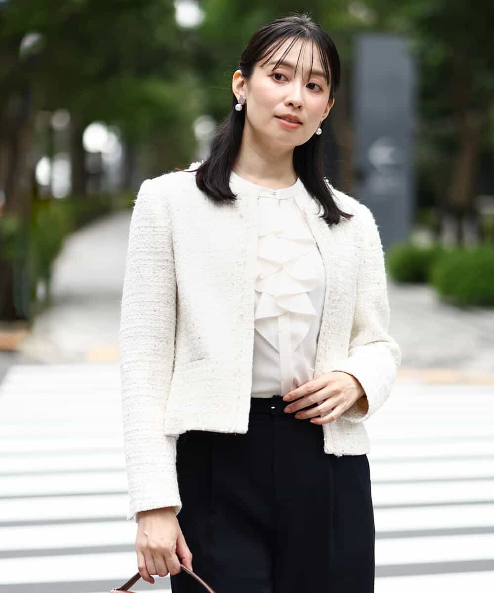 シンゾーン ツイード ジャケット ノーカラー ホワイト シルク 入学式