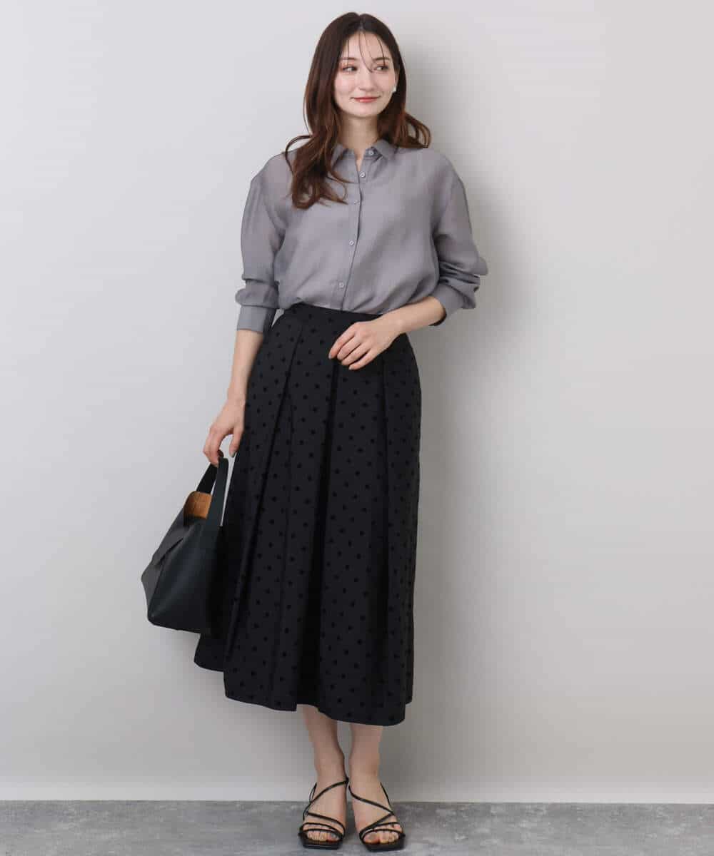フロッキードット柄タックスカート/洗える(ミモレ丈スカート) | MK
