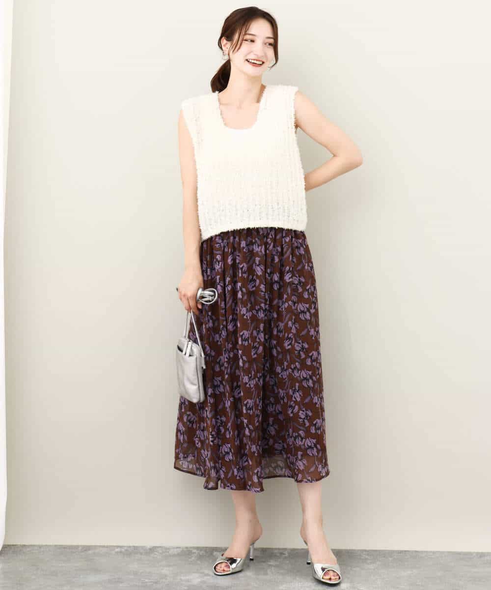 モダンフラワープリントスカート/洗える(ロング・マキシ丈スカート