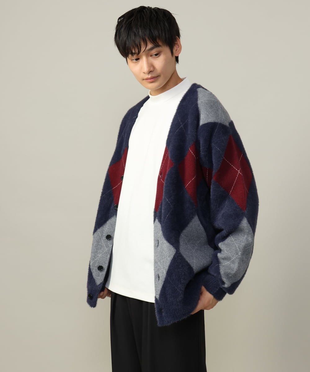 肌触りなめらか】アーガイル柄シャギーニットカーディガン(厚手