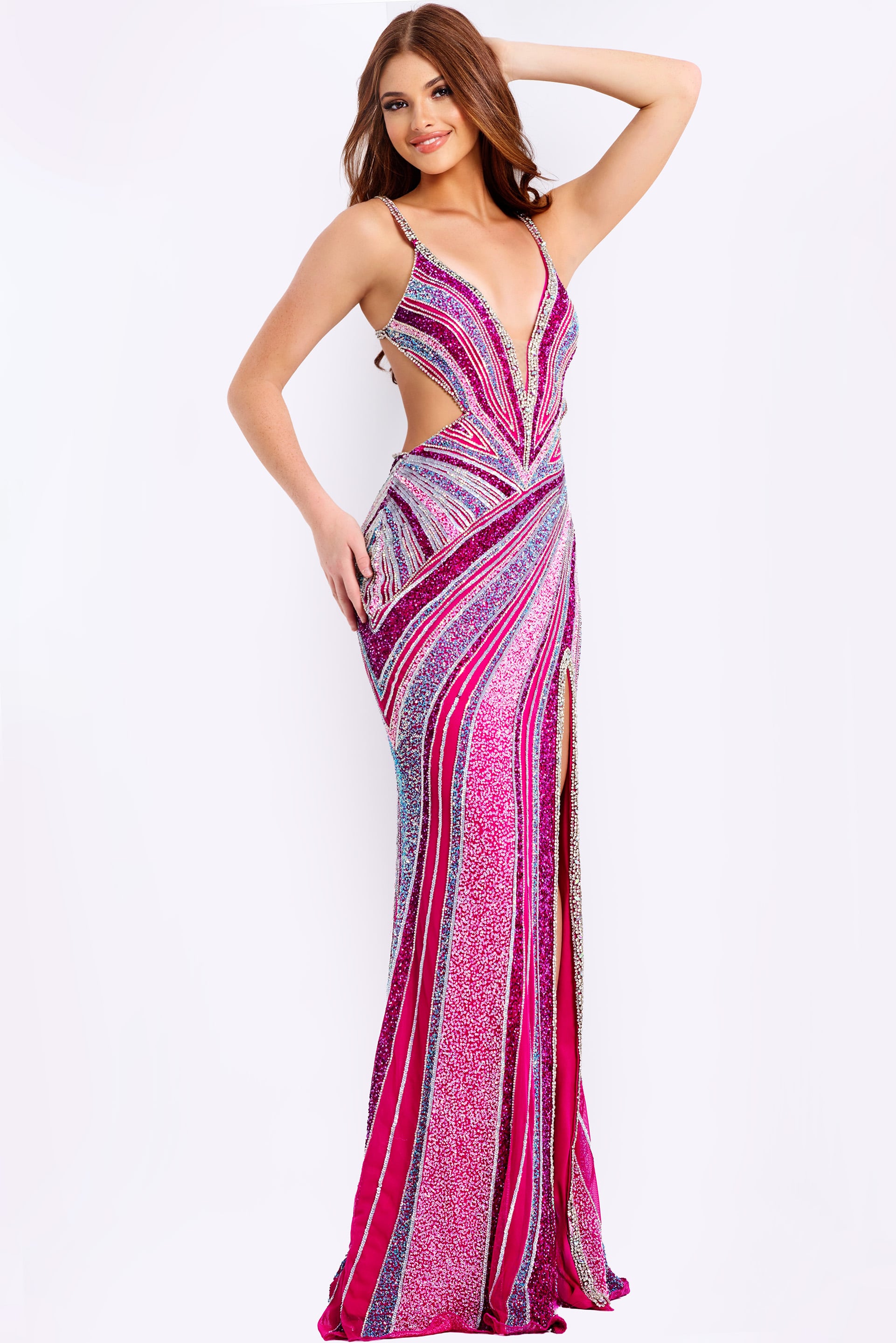 Beaded Open Back Dress With High Slit 46206 | Jovani