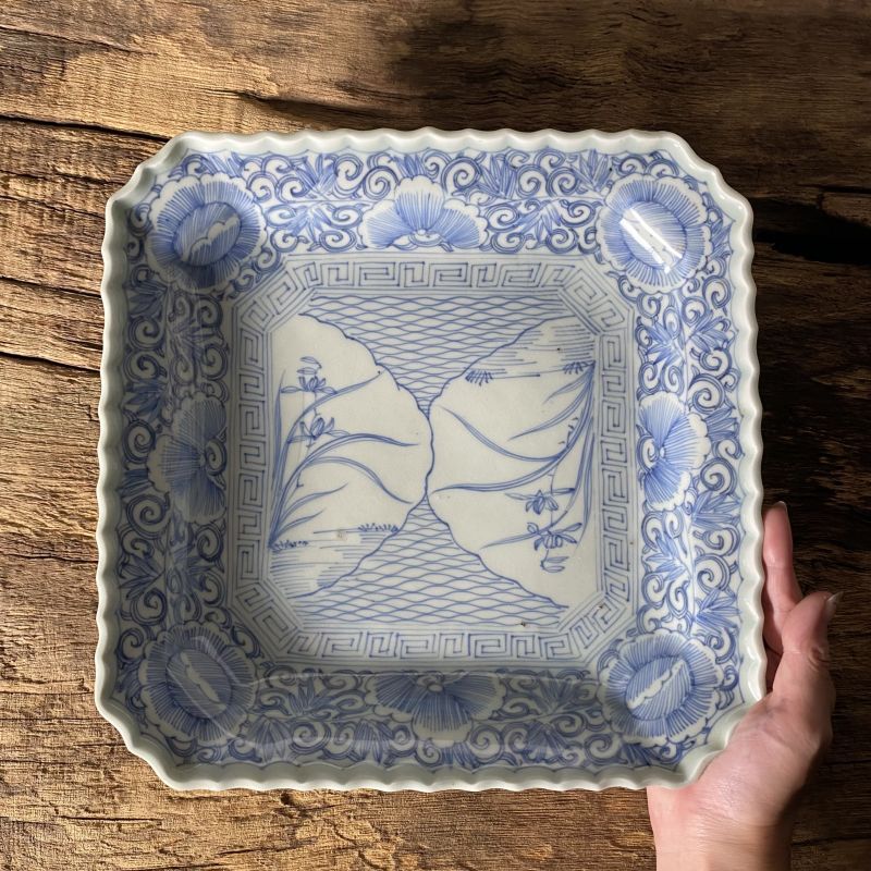 伊万里焼 染付 角皿 大皿 植物 - ジャパニーズアンティークショップ