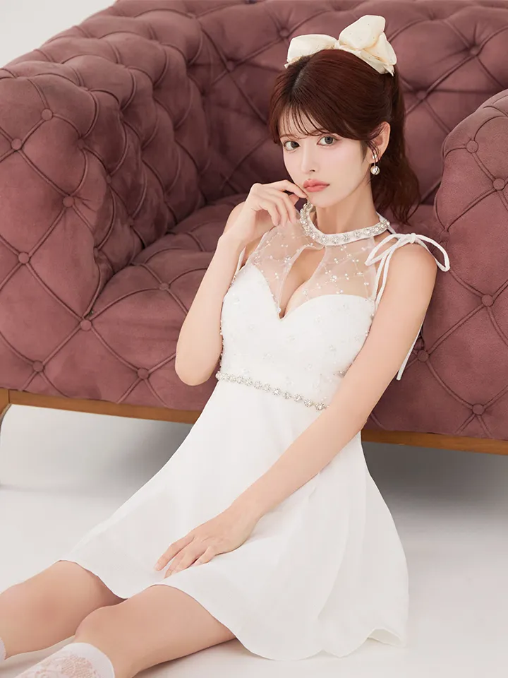 送料無料！シースルーアメスリビジューミニドレス/キャバドレス【XS-M