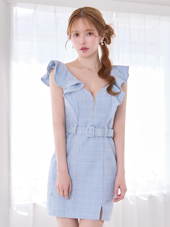 新色登場！ビジューラメツイードフリルドレス/キャバドレス【XS-XL