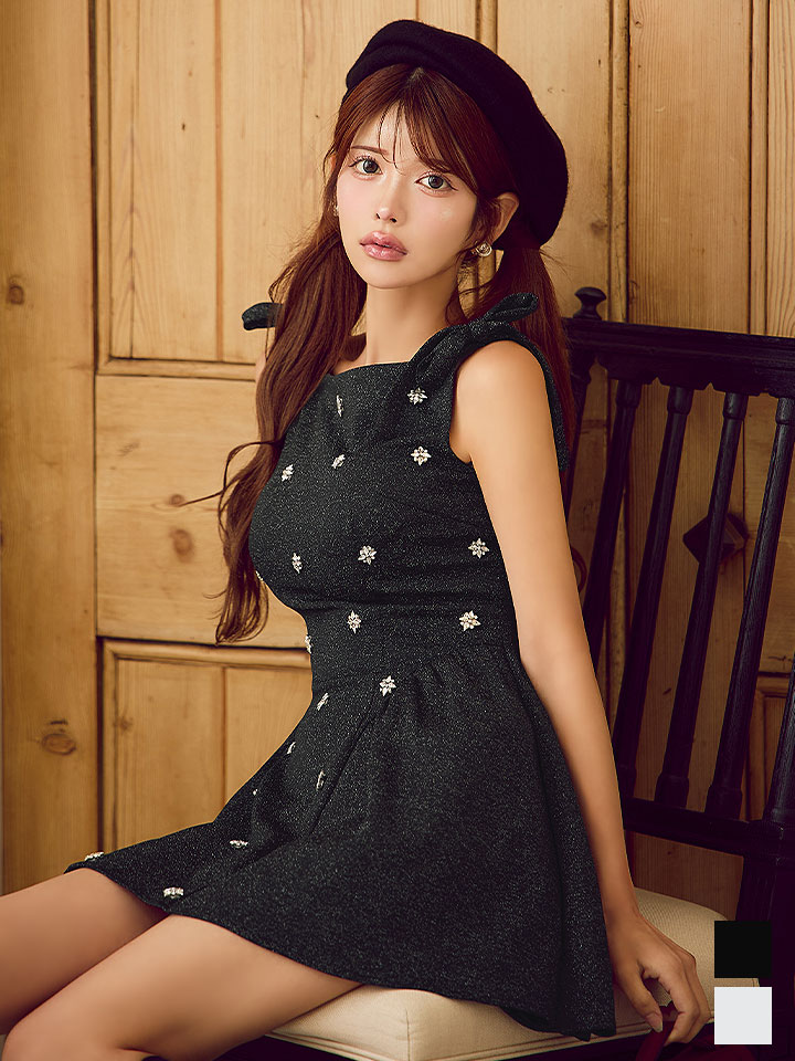 ショルダーリボンビジューフレアミニドレス/キャバドレス【XS-Mサイズ