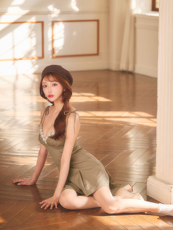 レースギャザーキャミソールフレアミニドレス/キャバドレス【XS-L