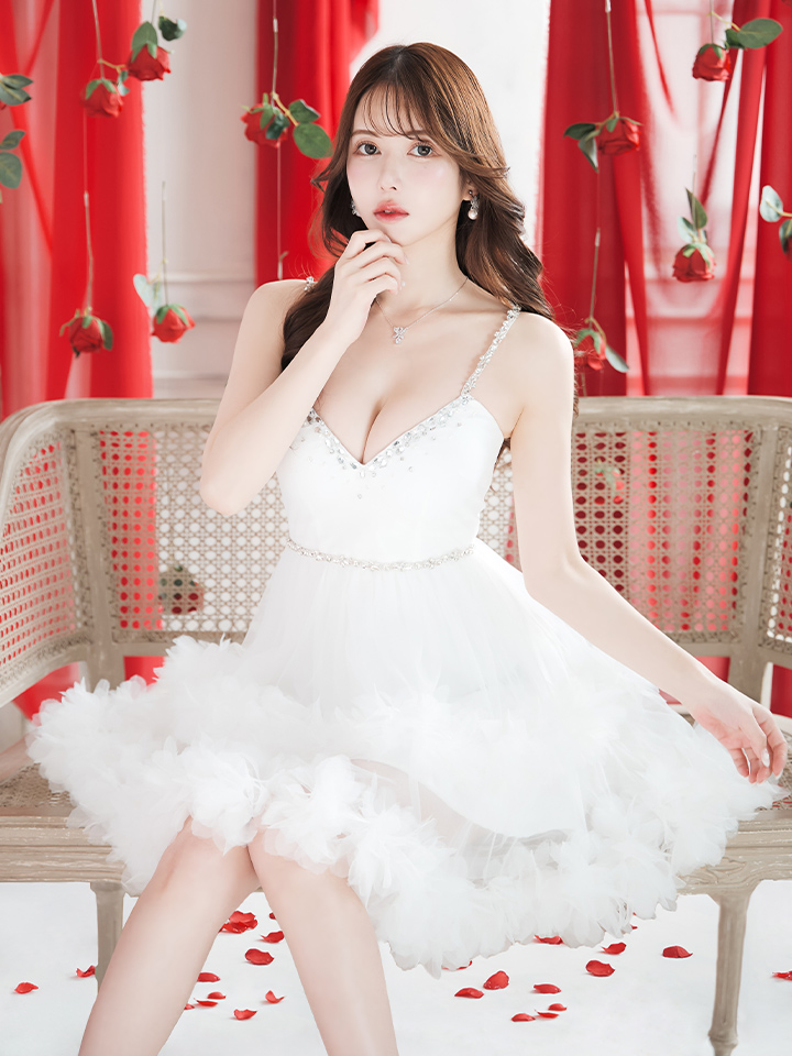 送料無料！】ビジューフリルレースフレアミニドレス/キャバドレス【XS