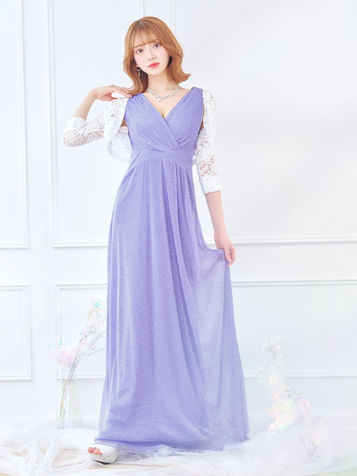 グリッターラメロングドレス/カシュクール/ノースリーブ/谷間見せ/背中