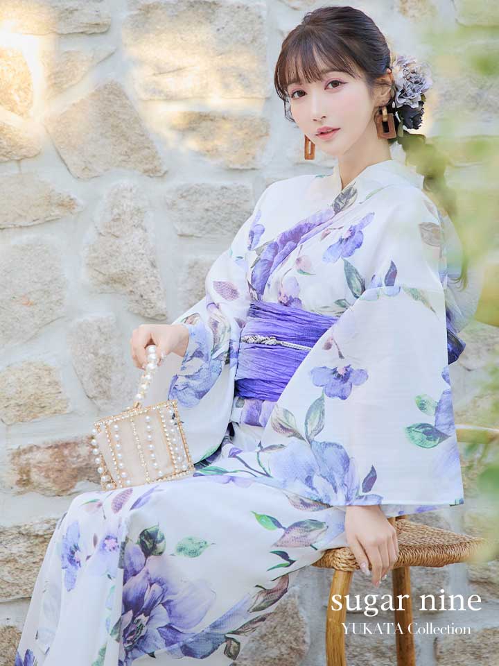 即日発送】【浴衣】白地に水彩牡丹のクラシック浴衣 グラデーション帯